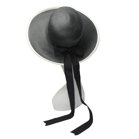 Vintage Filene's Wide Brim Straw Sun Hat Black White Grosgrain Ribbon Bow - Picture 3 of 10
